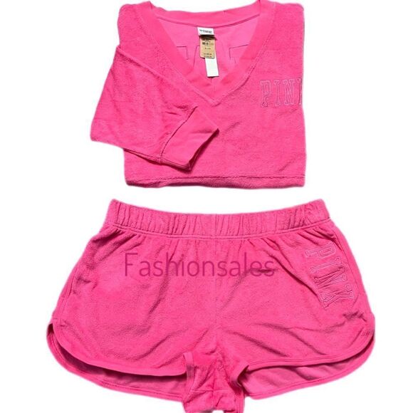 Victoria’s Secret Pink Varsity Beach Terry Cloth Pullover & Shorts Set Pink XL - Picture 1 of 11